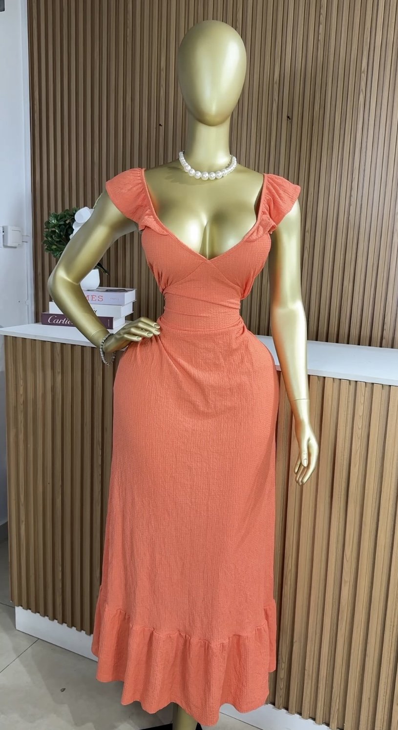 Orange V-neck ruffle-sleeve maxi dress 339 (40D)