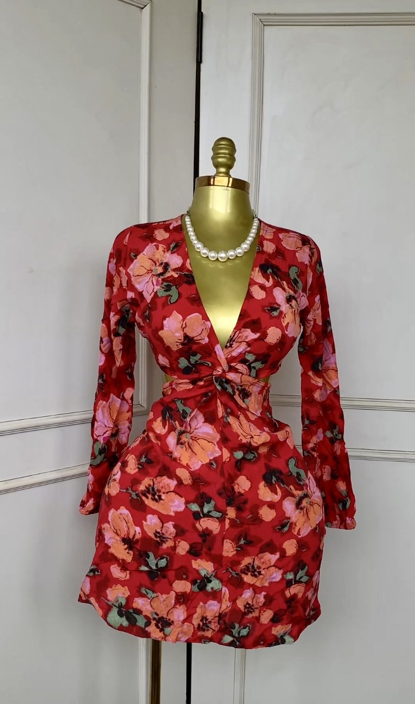 Stylish red floral print dress B457 (40D)